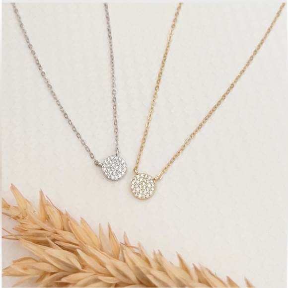 Sterling Silver Pave Round Necklace ,Gold plated Stimulant Pave Circle Disc Neck - Picture 3 of 4